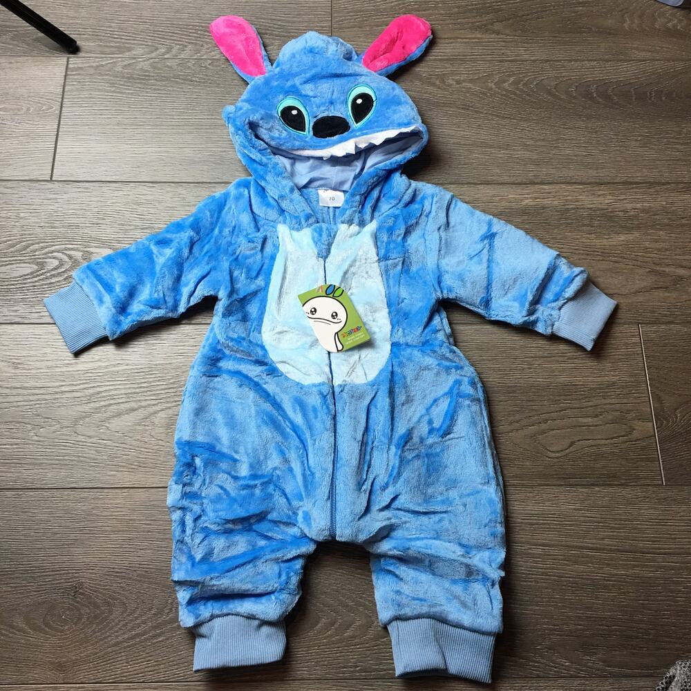 NWT Michley x Stitch Disney Faux Fur Jumpsuit Cozycore Blue Hooded Size 70